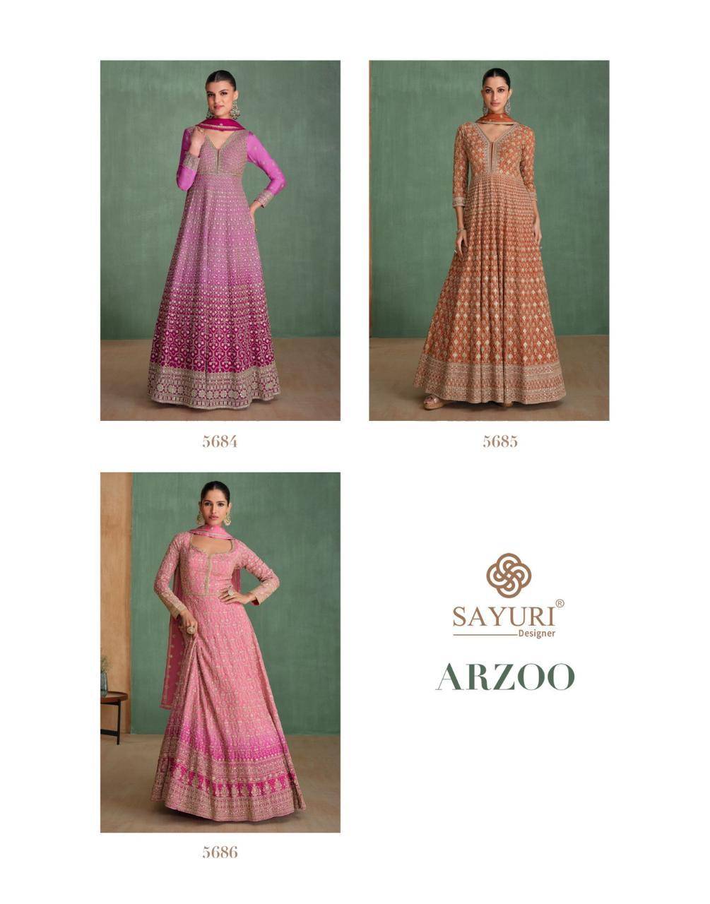 Arzoo By Sayuri 5684 To 5686 Series Designer Stylish Fancy Colorful Beautiful Party Wear & Ethnic Wear Collection Georgette/Chinnon Silk Gown With Dupatta At Wholesale Price