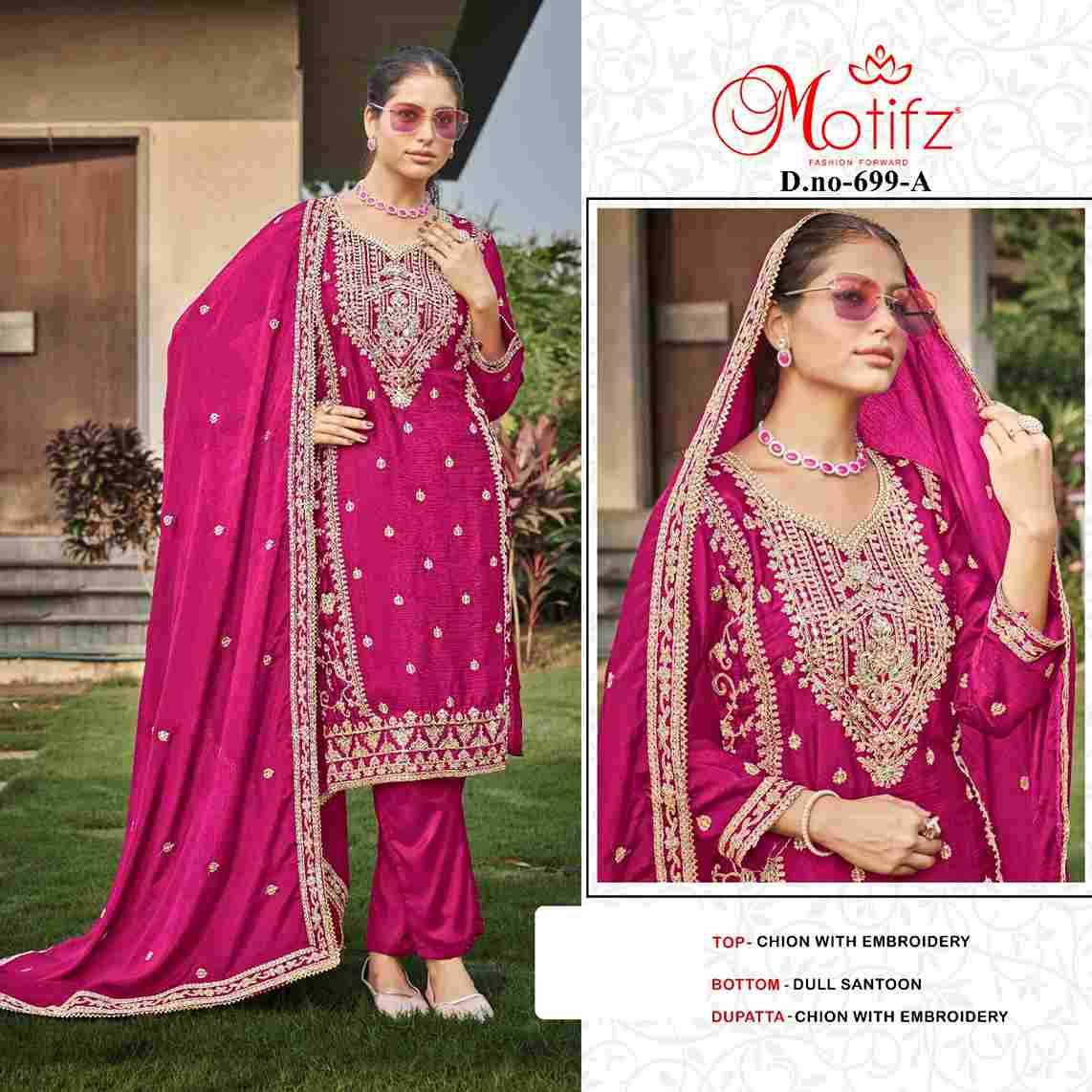 Motifz Hit Design 699 By Motifz 699-A To 699-D Series Beautiful Pakistani Suits Colorful Stylish Fancy Casual Wear & Ethnic Wear Chinnon Dresses At Wholesale Price