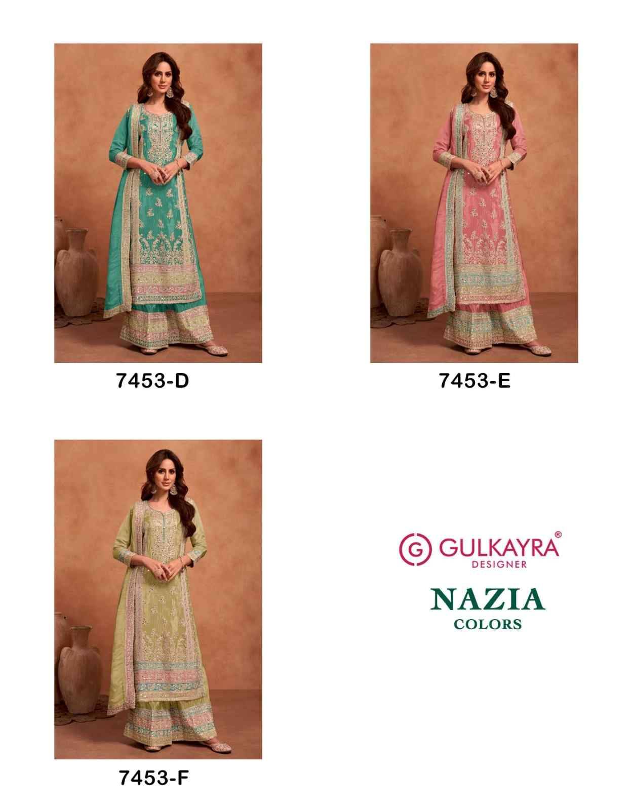 Nazia Gold By Gulkayra Designer 7453-D To 7453-F Series Beautiful Sharara Suits Colorful Stylish Fancy Casual Wear & Ethnic Wear Silk Embroidery Dresses At Wholesale Price