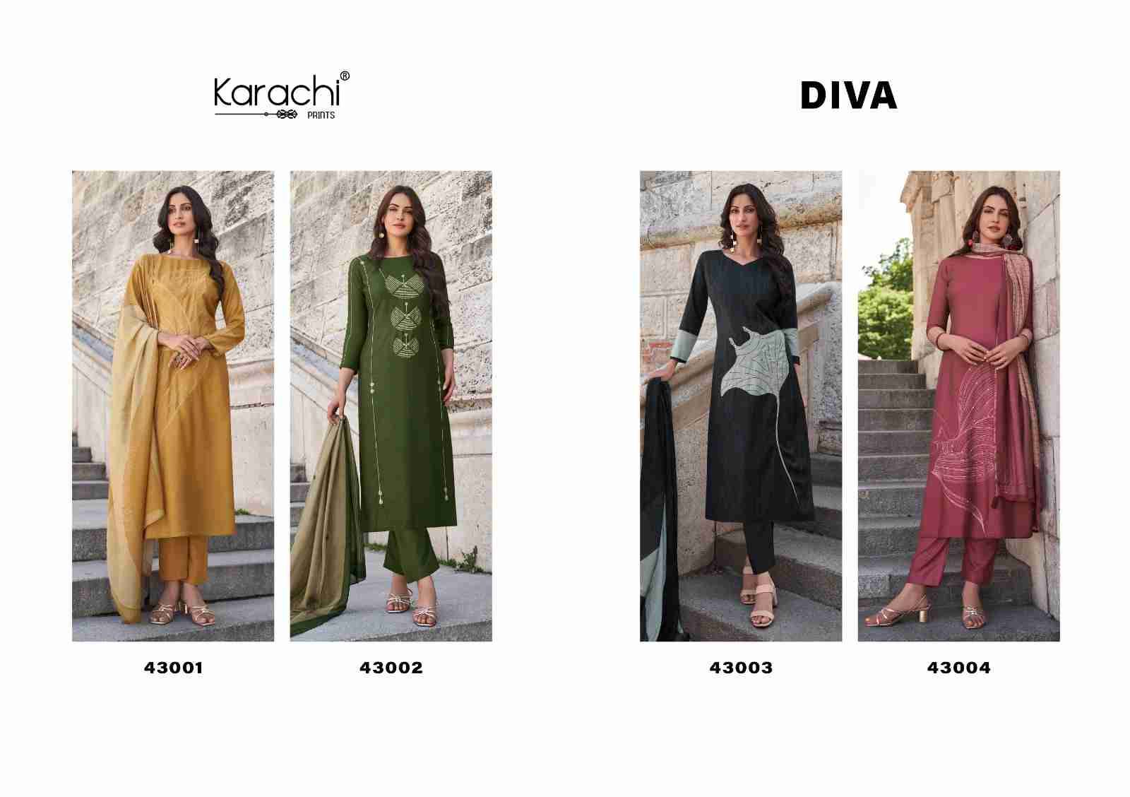 Diva By Karachi Prints 43001 To 43004 Series Festive Suits Beautiful Fancy Colorful Stylish Party Wear & Occasional Wear Pure Viscose Muslin Dresses At Wholesale Price