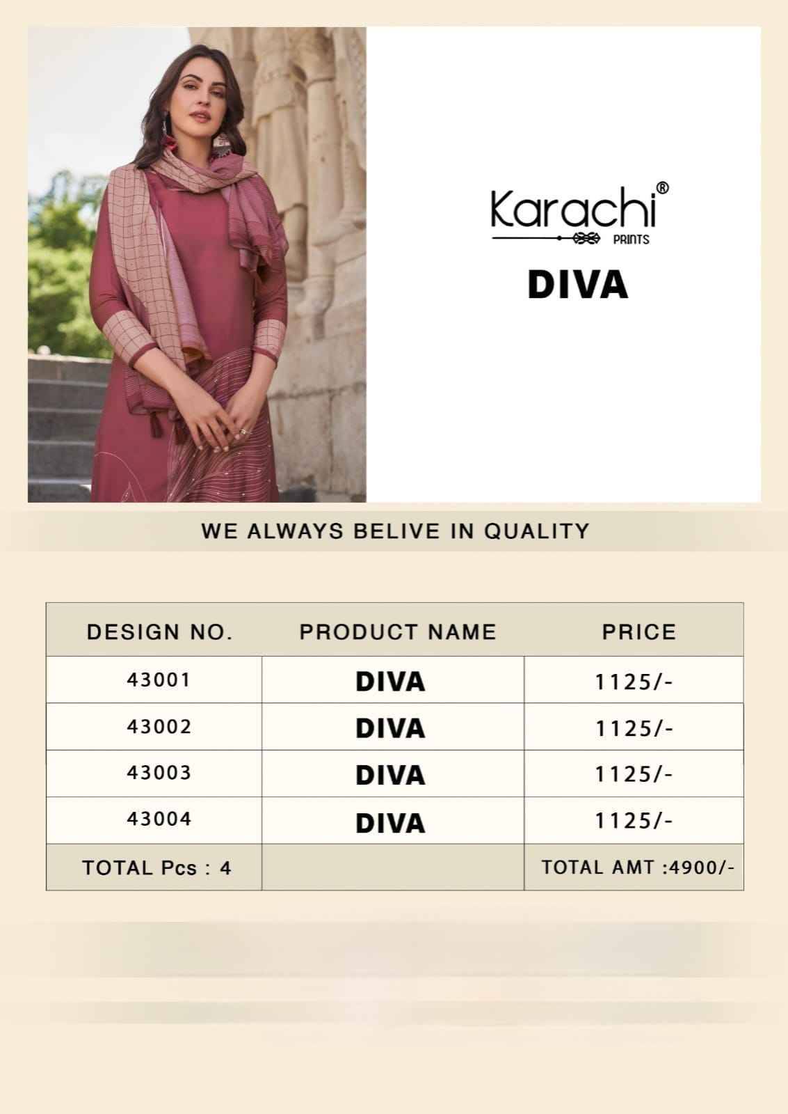 Diva By Karachi Prints 43001 To 43004 Series Festive Suits Beautiful Fancy Colorful Stylish Party Wear & Occasional Wear Pure Viscose Muslin Dresses At Wholesale Price