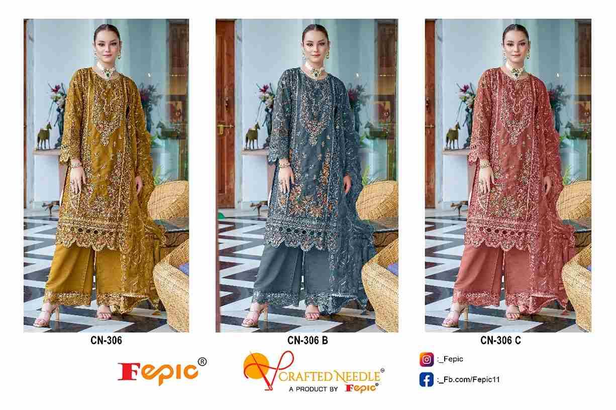 Fepic 306 Colours By Fepic 306-A To 306-C Series Beautiful Pakistani Suits Colorful Stylish Fancy Casual Wear & Ethnic Wear Organza Embroidered Dresses At Wholesale Price