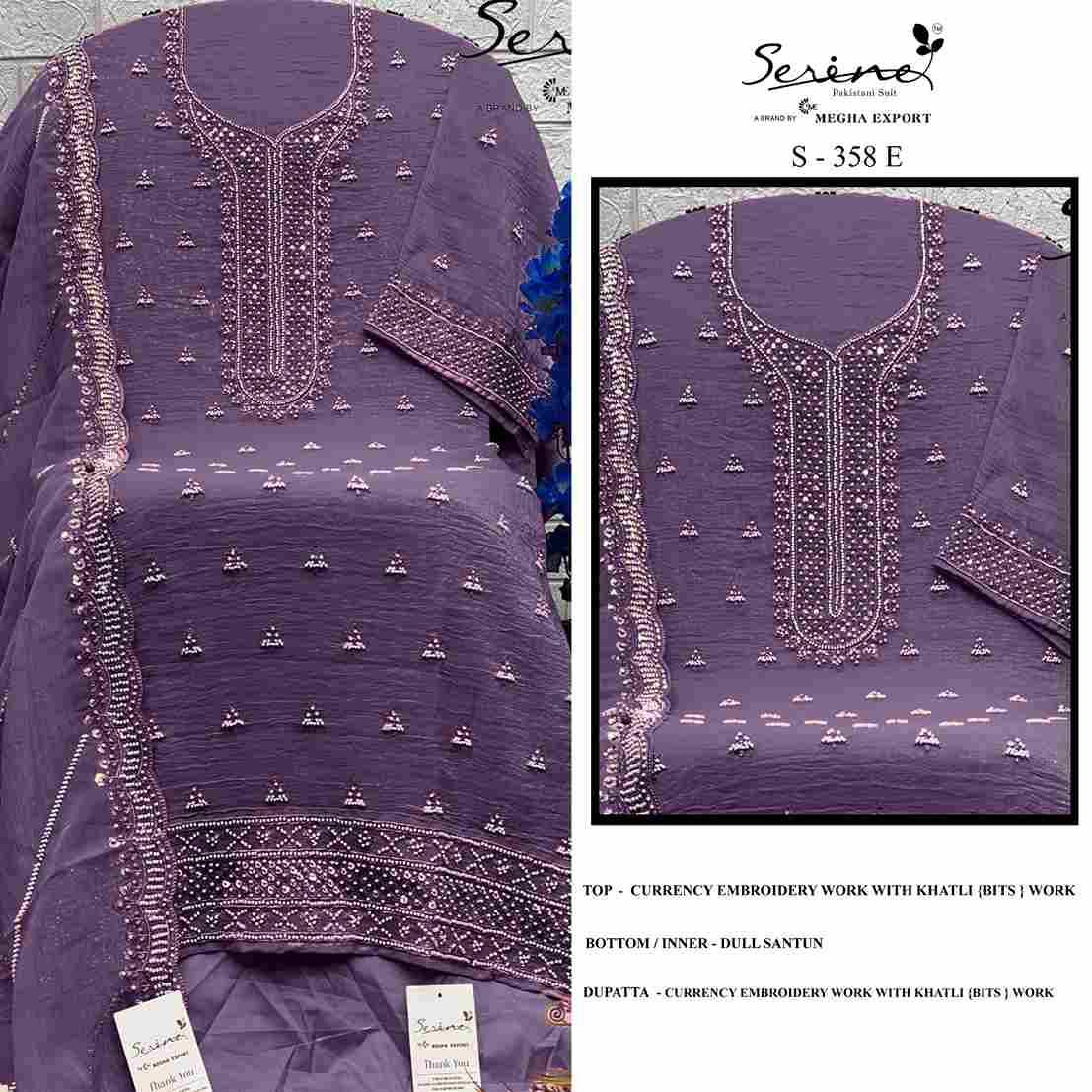 Serene Hit Design S-358 Colours Vol-2 By Serene S-358-E To S-358-H Series Designer Pakistani Suits Beautiful Fancy Colorful Stylish Party Wear & Occasional Wear Currency Embroidered Dresses At Wholesale Price