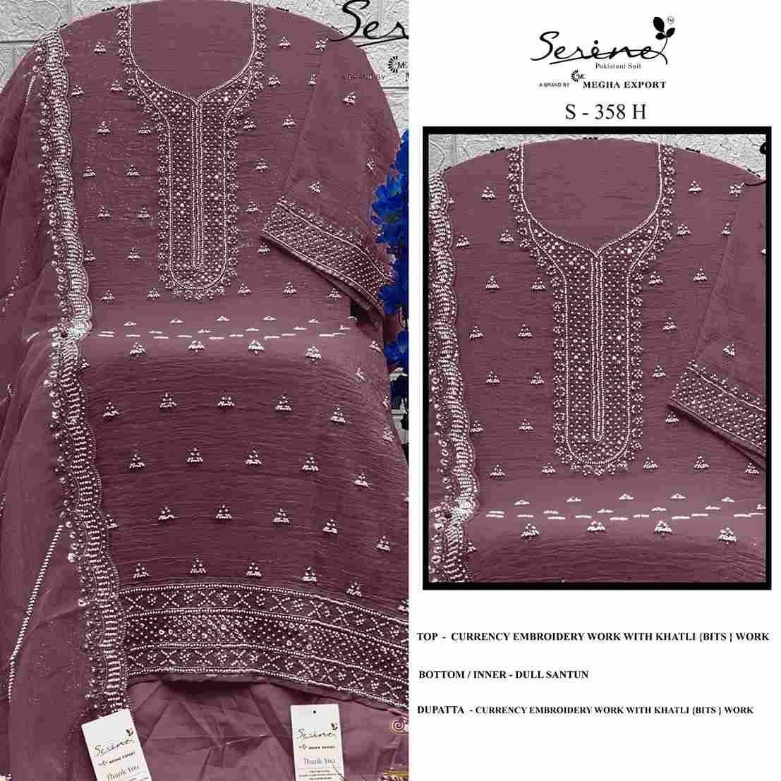 Serene Hit Design S-358 Colours Vol-2 By Serene S-358-E To S-358-H Series Designer Pakistani Suits Beautiful Fancy Colorful Stylish Party Wear & Occasional Wear Currency Embroidered Dresses At Wholesale Price