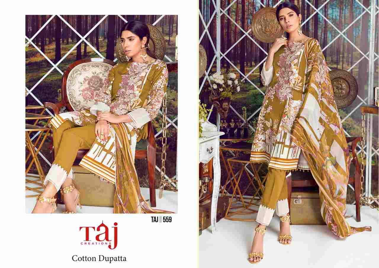 Taj 557 Series By Taj Creation 557 To 559 Series Beautiful Pakistani Suits Colorful Stylish Fancy Casual Wear & Ethnic Wear Pure Cotton Print With Embroidered Dresses At Wholesale Price