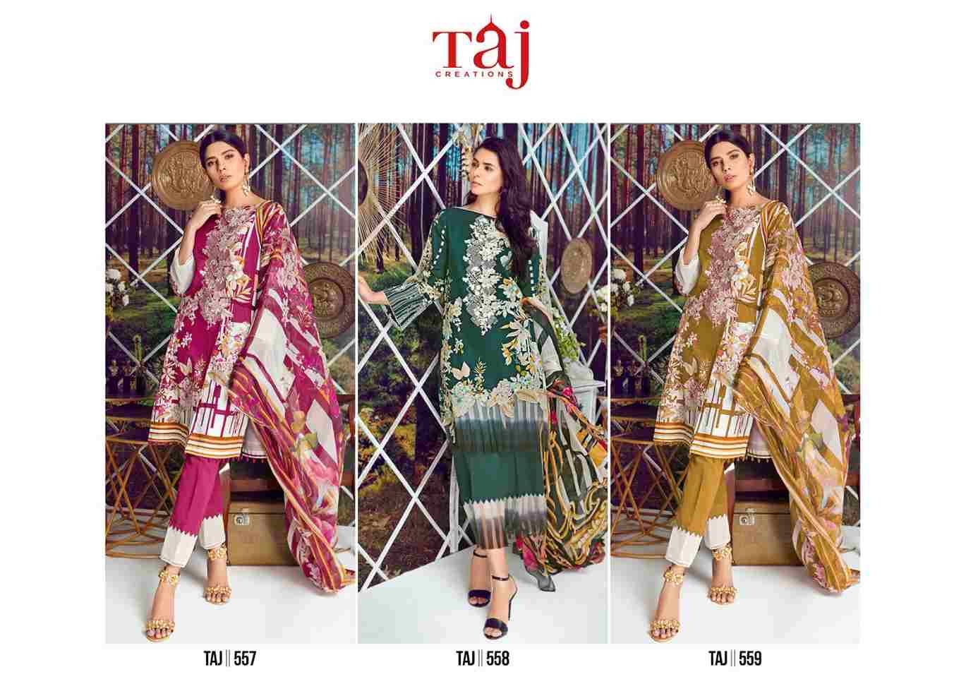 Taj 557 Series By Taj Creation 557 To 559 Series Beautiful Pakistani Suits Colorful Stylish Fancy Casual Wear & Ethnic Wear Pure Cotton Print With Embroidered Dresses At Wholesale Price