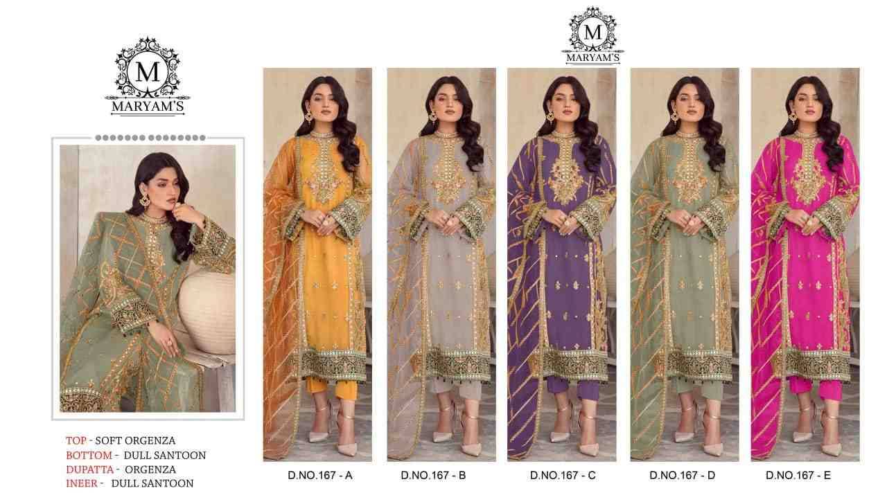 Maryams 167 Colours By Maryams 167-A To 167-E Series Pakistani Suits Beautiful Fancy Colorful Stylish Party Wear & Occasional Wear Soft Organza Embroidery Dresses At Wholesale Price