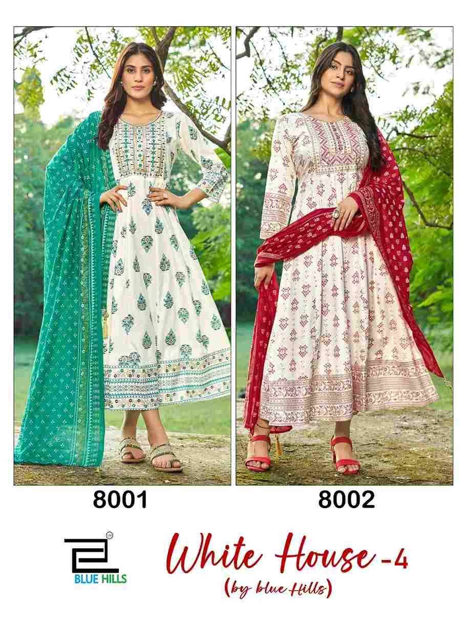 White House Vol-4 By Blue Hills 8001 To 8002 Series Designer Stylish Fancy Colorful Beautiful Party Wear & Ethnic Wear Collection Rayon Foil Gown With Dupatta At Wholesale Price