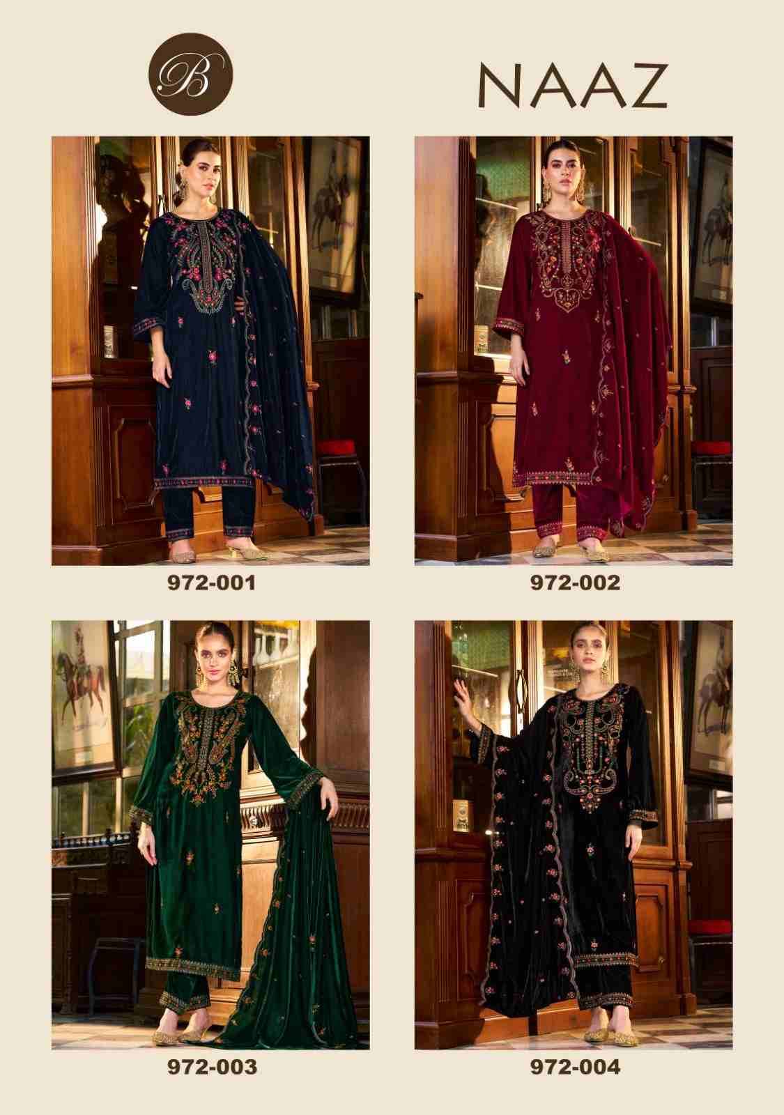 Naaz By Belliza 972-001 To 972-004 Series Beautiful Festive Suits Stylish Fancy Colorful Casual Wear & Ethnic Wear Pure Velvet Print Dresses At Wholesale Price