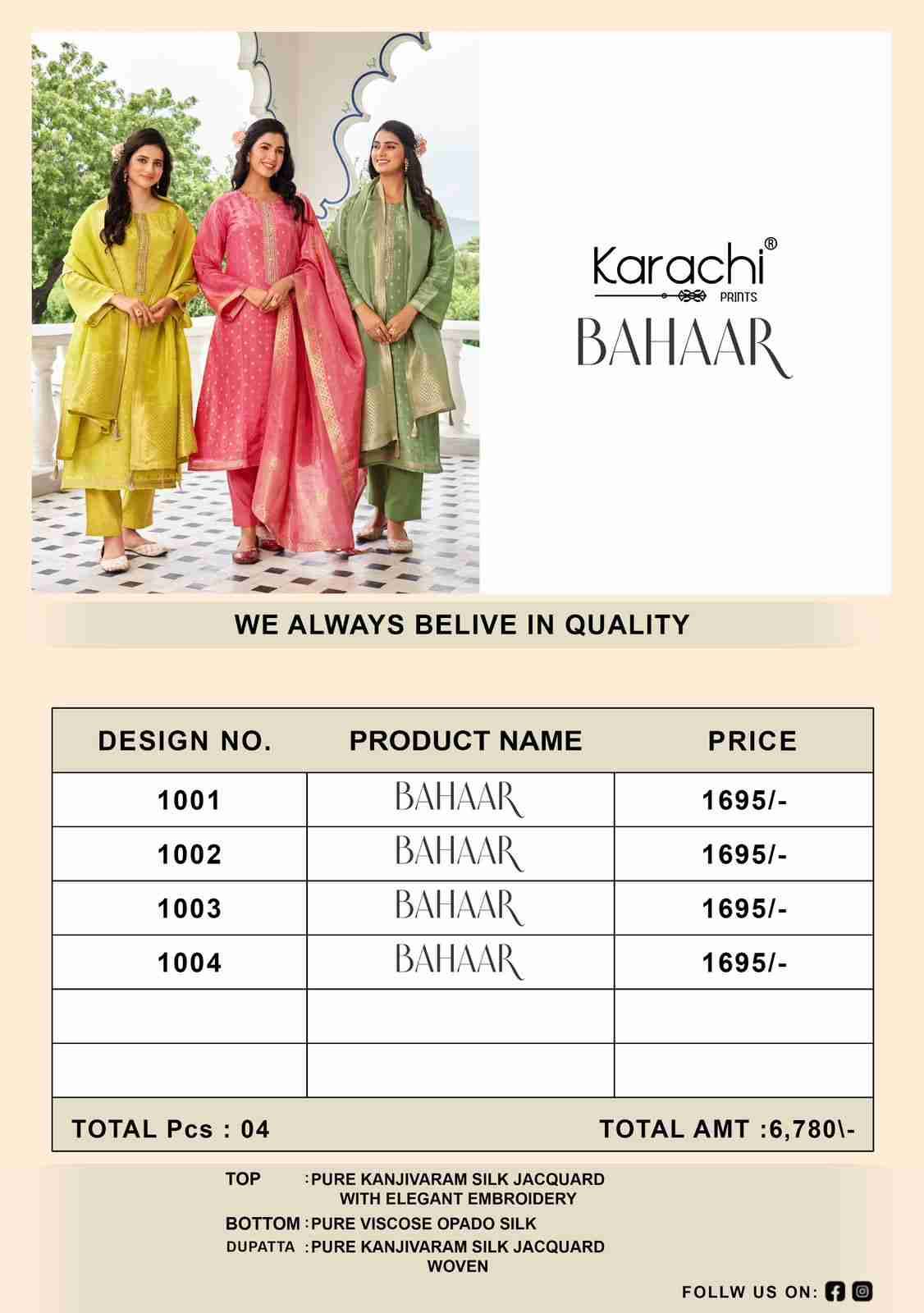 Bahaar By Karachi Prints 3201 To 3204 Series Festive Suits Beautiful Fancy Colorful Stylish Party Wear & Occasional Wear Pure Silk Jacquard Dresses At Wholesale Price