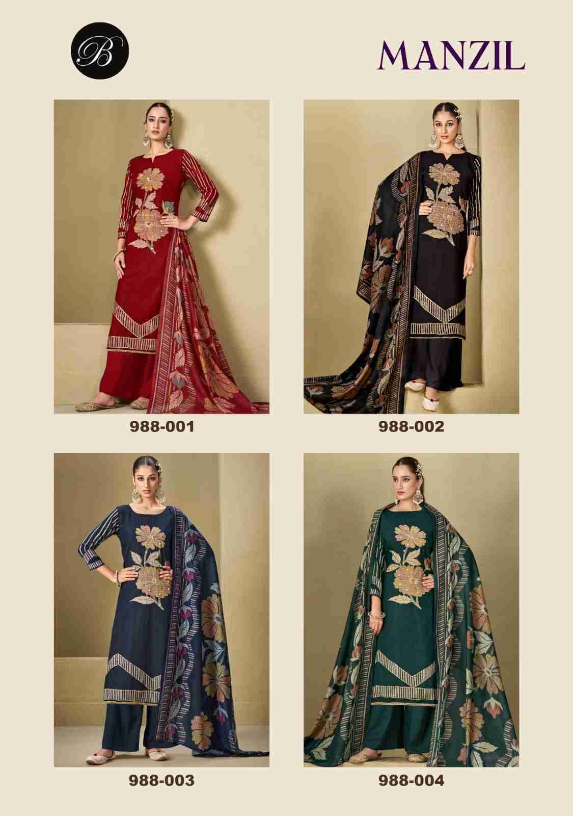 Manzil By Belliza 988-001 To 988-004 Series Beautiful Festive Suits Stylish Fancy Colorful Casual Wear & Ethnic Wear Pure Viscose Rayon Print Dresses At Wholesale Price