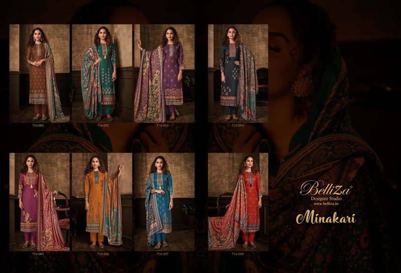 Minakari By Belliza 716-001 To 716-008 Series Beautiful Festive Suits Stylish Fancy Colorful Casual Wear & Ethnic Wear Pure Pashmina Print Dresses At Wholesale Price