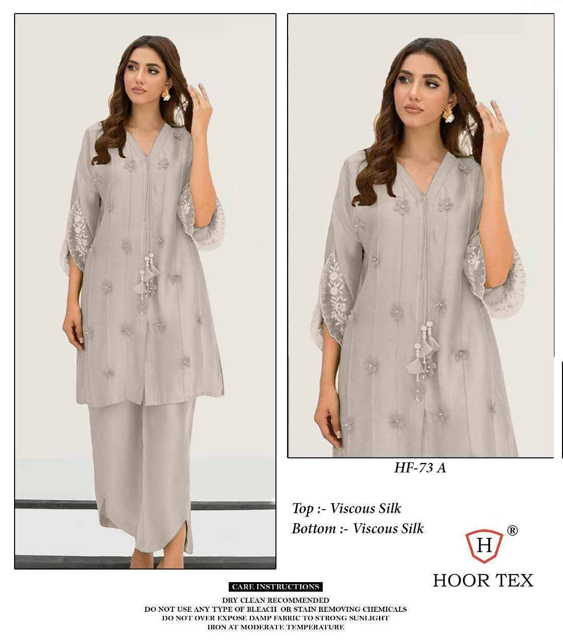 Hoor Tex Hit Design HF-73 Colours By Hoor Tex HF-73-A To HF-73-D Series Wholesale Designer Pakistani Suits Collection Beautiful Stylish Fancy Colorful Party Wear & Occasional Wear Viscose Silk Kurtis With Bottom At Wholesale Price