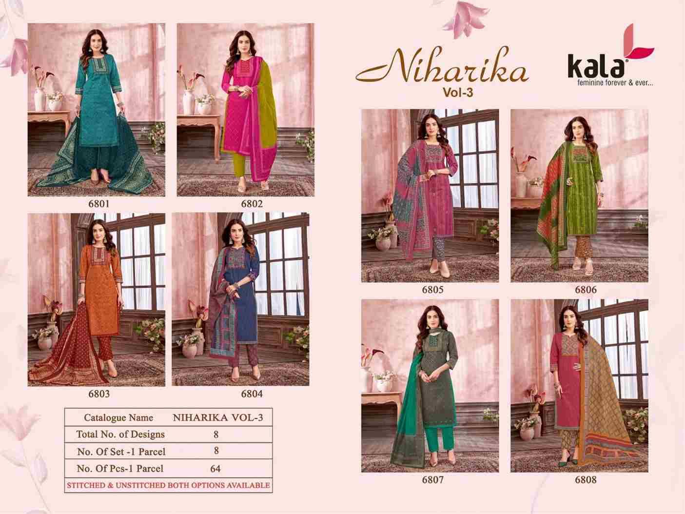 Niharika Vol-3 By Kala 6801 To 6808 Series Beautiful Festive Suits Colorful Stylish Fancy Casual Wear & Ethnic Wear Pure Cotton Print Dresses At Wholesale Price