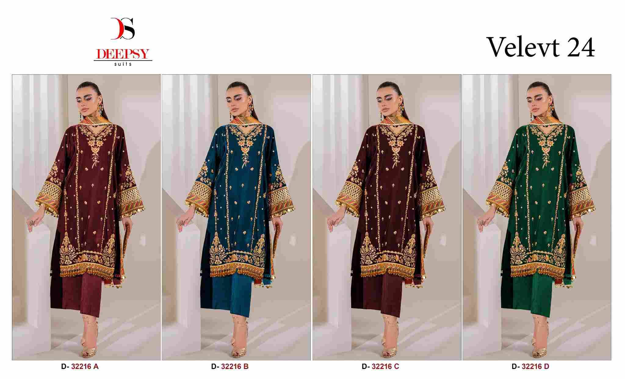 Velvet 32216 Colours By Deepsy Suits 32216-A To 32216-D Series Beautiful Stylish Pakistani Suits Fancy Colorful Casual Wear & Ethnic Wear & Ready To Wear Heavy Velvet Embroidery Dresses At Wholesale Price