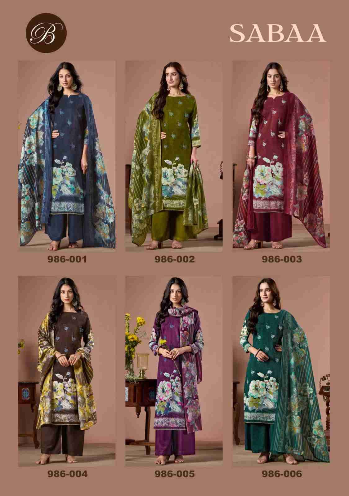 Sabaa By Belliza 986-001 To 986-006 Series Beautiful Festive Suits Stylish Fancy Colorful Casual Wear & Ethnic Wear Pure Viscose Rayon Print Dresses At Wholesale Price