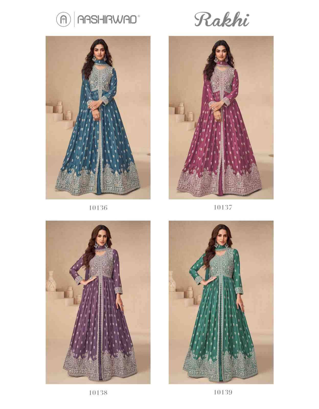 Rakhi By Aashrwad Creation 10136 To 10139 Series Beautiful Stylish Anarkali Suits Fancy Colorful Casual Wear & Ethnic Wear & Ready To Wear Chinnon Silk Dresses At Wholesale Price