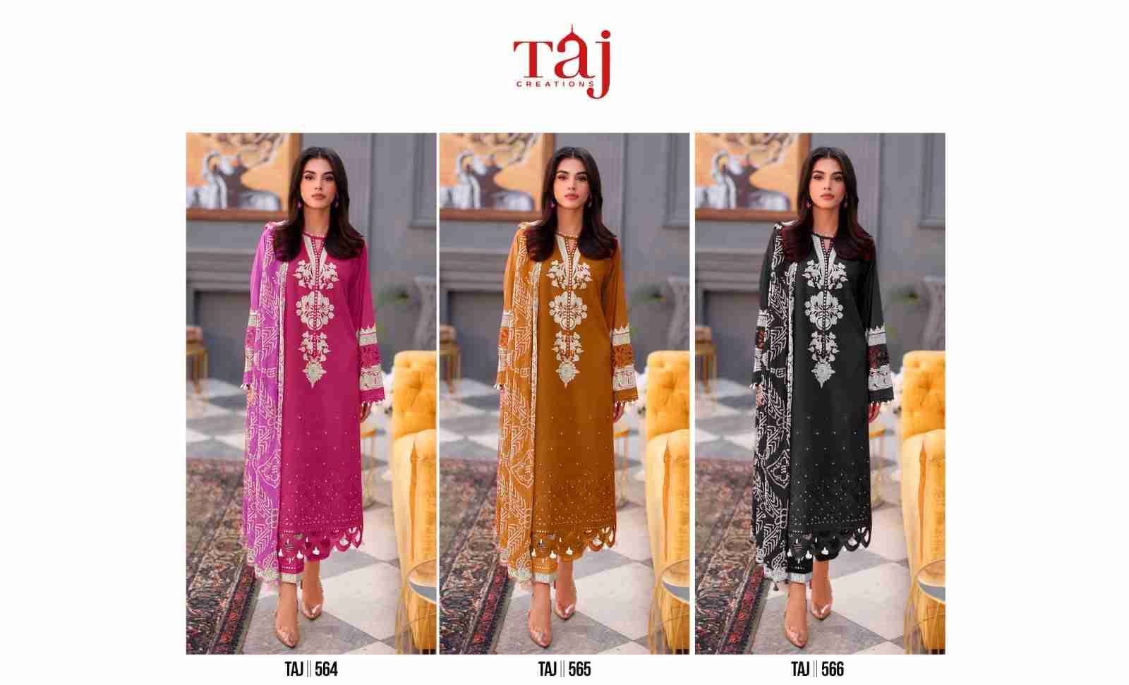 Taj 564 Series By Taj Creation 564 To 566 Series Beautiful Pakistani Suits Colorful Stylish Fancy Casual Wear & Ethnic Wear Pure Cotton Print With Embroidered Dresses At Wholesale Price