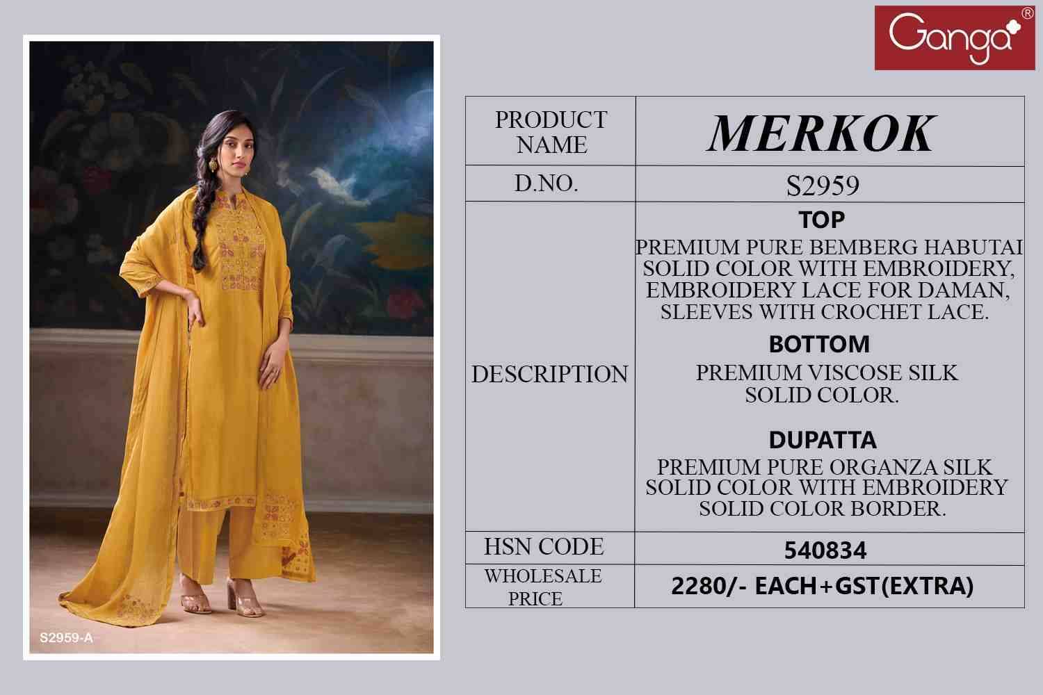 Merkok-2959 By Ganga Fashion 2959-A To 2959-B Series Beautiful Festive Suits Colorful Stylish Fancy Casual Wear & Ethnic Wear Pure Bemberg Dresses At Wholesale Price