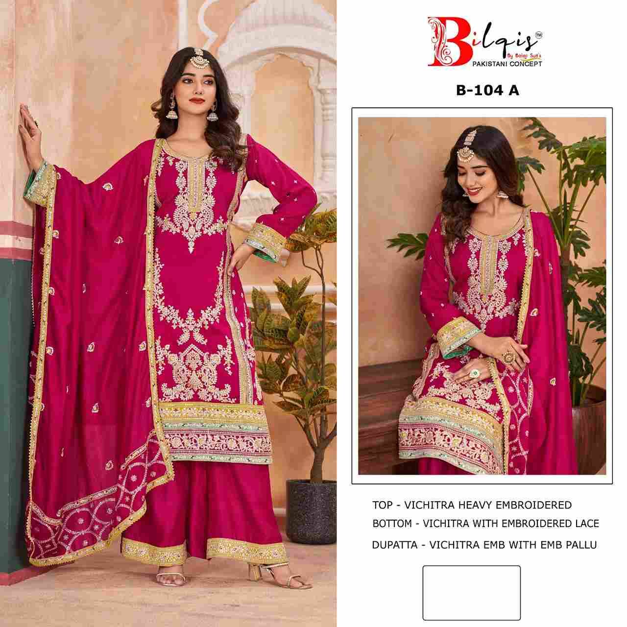 Bilqis 104 Colours By Bilqis 104-A To 104-C Series Beautiful Pakistani Suits Stylish Fancy Colorful Party Wear & Occasional Wear Vichitra Embroidery Dresses At Wholesale Price