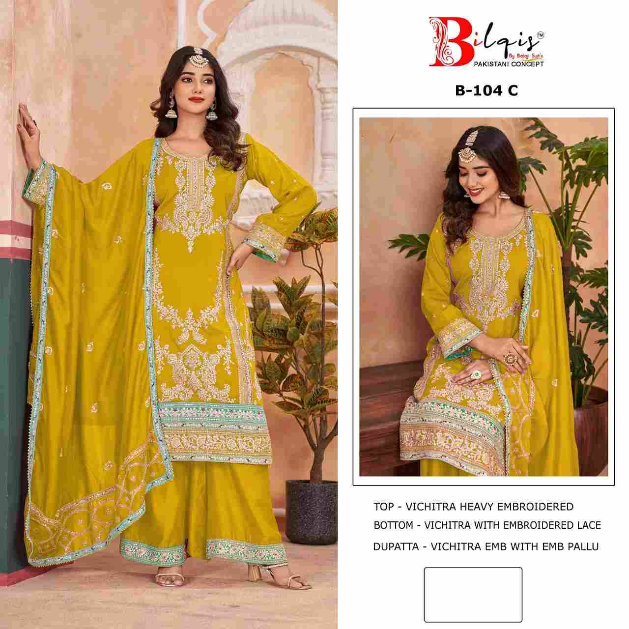 Bilqis 104 Colours By Bilqis 104-A To 104-C Series Beautiful Pakistani Suits Stylish Fancy Colorful Party Wear & Occasional Wear Vichitra Embroidery Dresses At Wholesale Price