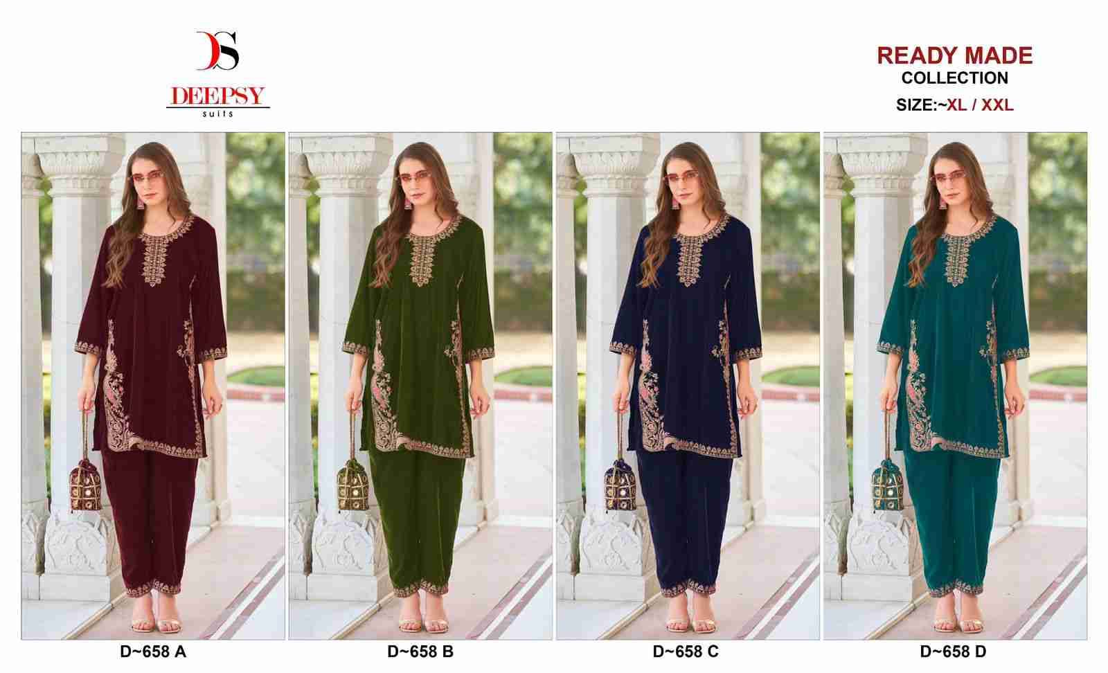 Deepsy Hit Design 658 Colours By Deepsy Suits 658-A To 658-D Series Designer Pakistani Suits Collection Beautiful Stylish Fancy Colorful Party Wear & Occasional Wear Velvet Kurtis With Bottom At Wholesale Price