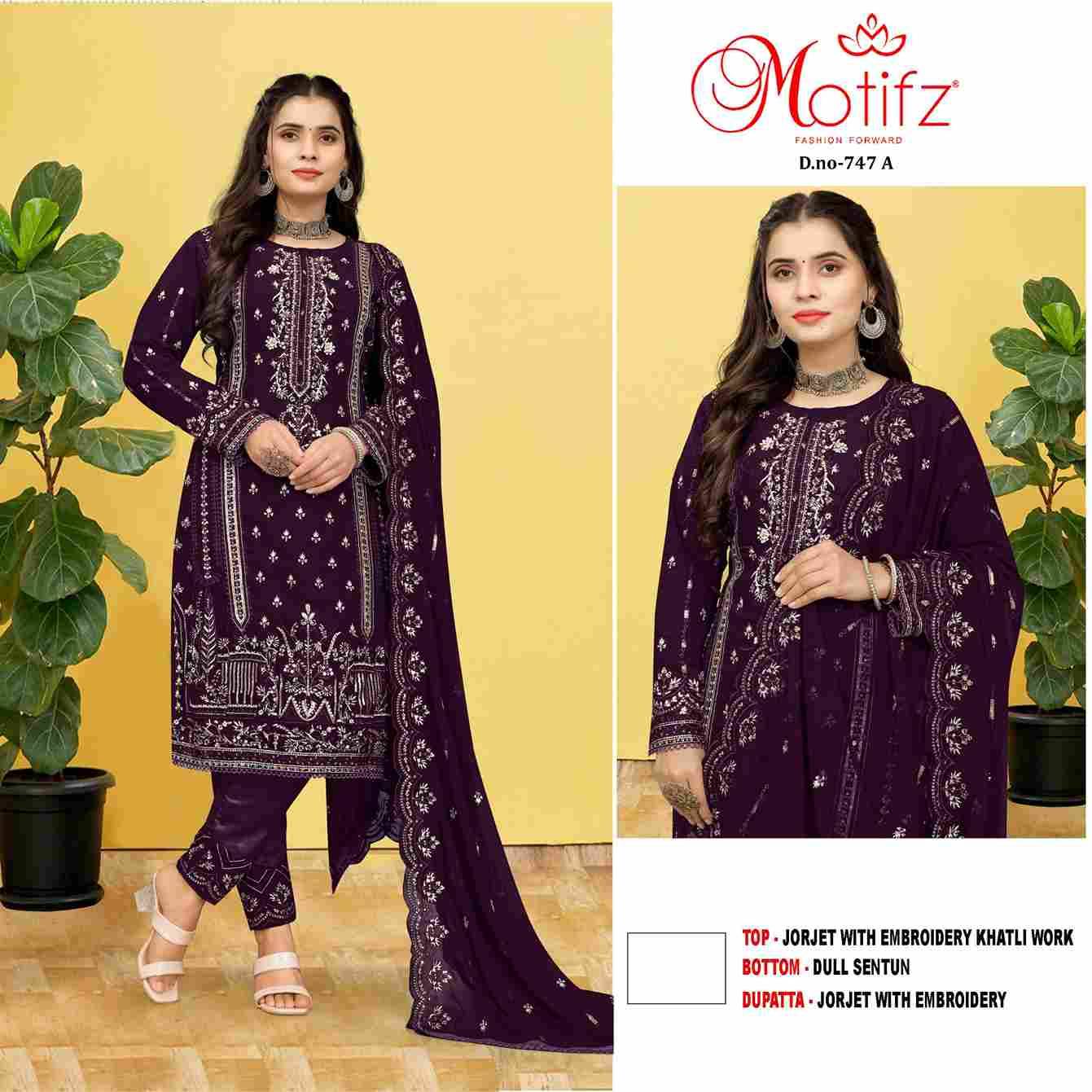 Motifz Hit Design 747 Colours By Motifz 747-A To 747-D Series Beautiful Pakistani Suits Colorful Stylish Fancy Casual Wear & Ethnic Wear Georgette Dresses At Wholesale Price