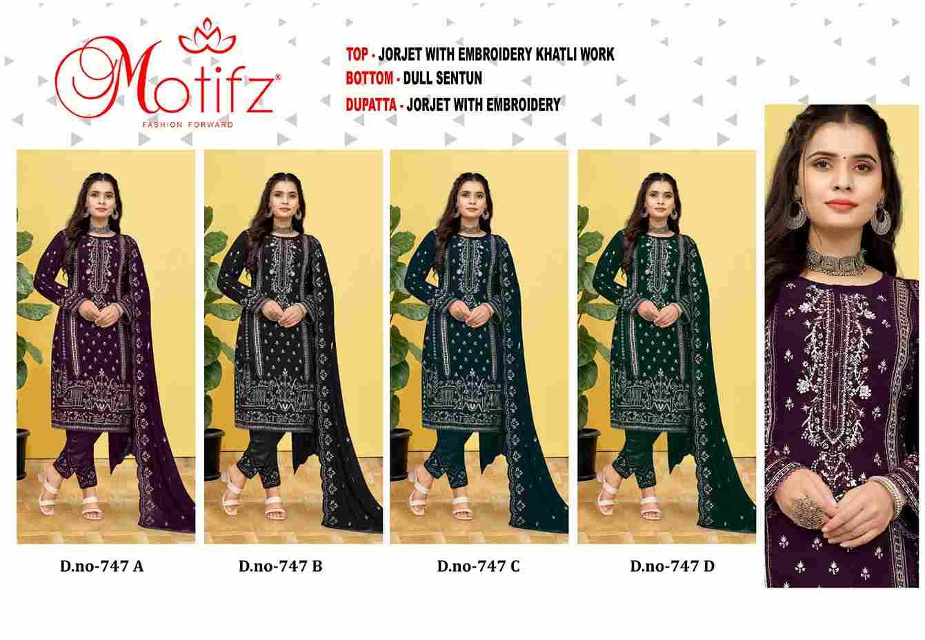 Motifz Hit Design 747 Colours By Motifz 747-A To 747-D Series Beautiful Pakistani Suits Colorful Stylish Fancy Casual Wear & Ethnic Wear Georgette Dresses At Wholesale Price