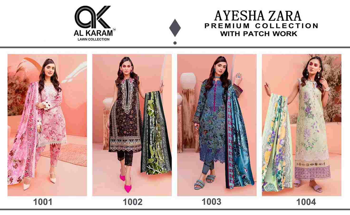 Ayesha Zara By Al Karam Lawn Collection 1001 To 1004 Series Beautiful Pakistani Suits Stylish Fancy Colorful Casual Wear & Ethnic Wear Pure Cotton Print Dresses At Wholesale Price