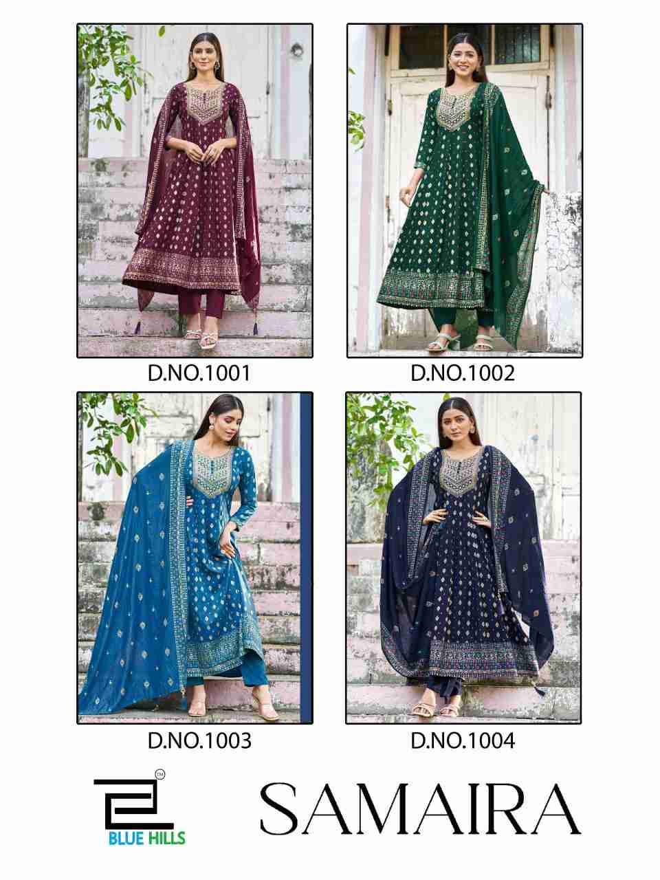 Samaira By Blue Hills 1001 To 1004 Series Beautiful Stylish Festive Suits Fancy Colorful Casual Wear & Ethnic Wear & Ready To Wear Rayon With Work Dresses At Wholesale Price