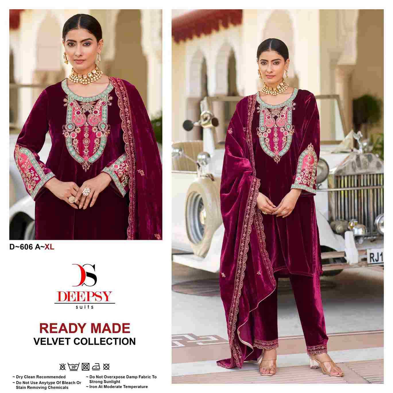 Deepsy Hit Design 606 Colours By Deepsy Suits 606-A To 606-D Series Beautiful Pakistani Suits Colorful Stylish Fancy Casual Wear & Ethnic Wear Pure Velvet Embroidered Dresses At Wholesale Price