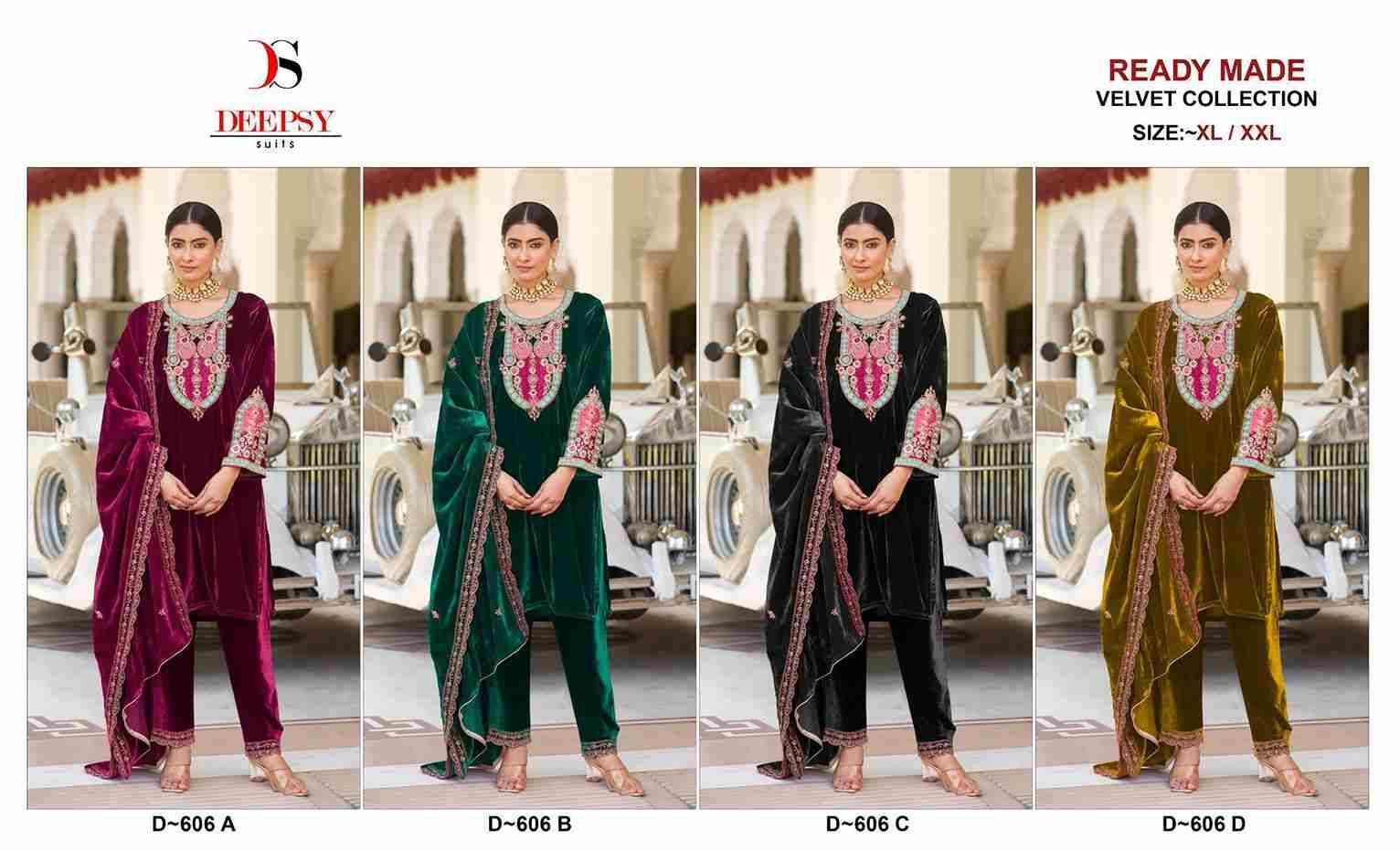 Deepsy Hit Design 606 Colours By Deepsy Suits 606-A To 606-D Series Beautiful Pakistani Suits Colorful Stylish Fancy Casual Wear & Ethnic Wear Pure Velvet Embroidered Dresses At Wholesale Price