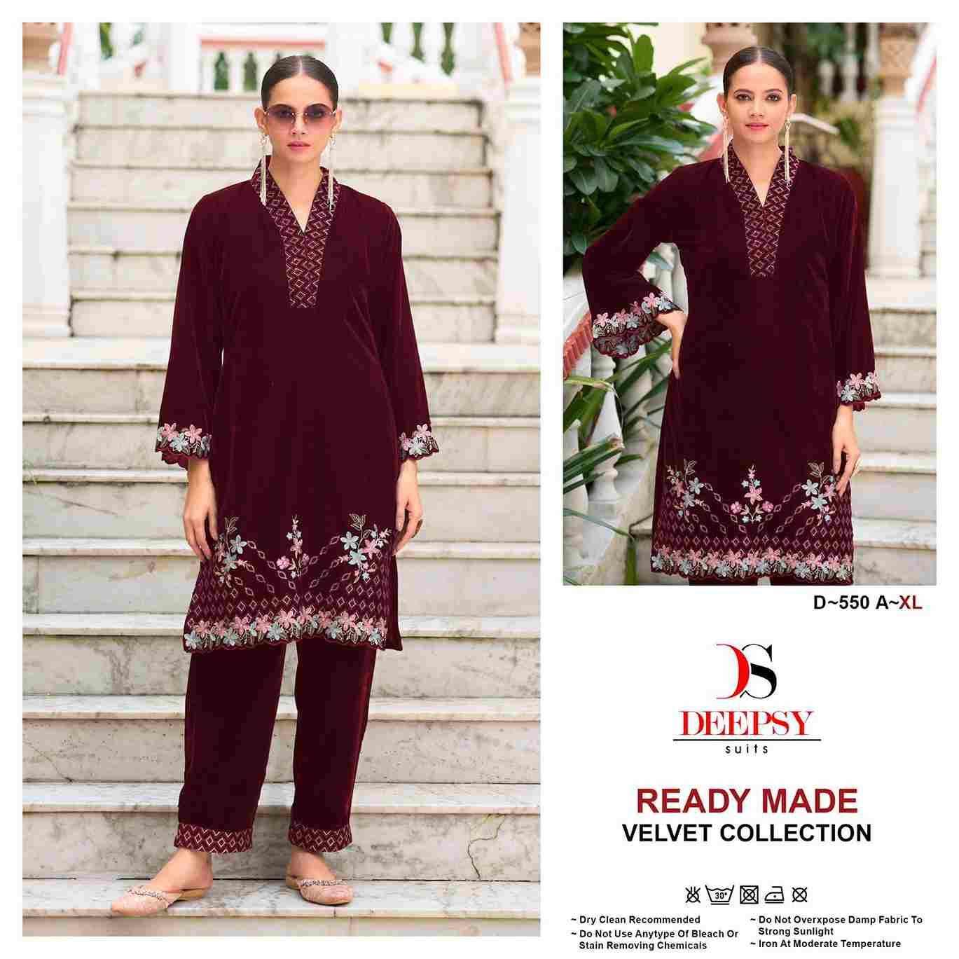 Deepsy Hit Design 550 Colours By Deepsy Suits 550-A To 550-D Series Designer Pakistani Suits Collection Beautiful Stylish Fancy Colorful Party Wear & Occasional Wear Velvet Kurtis With Bottom At Wholesale Price