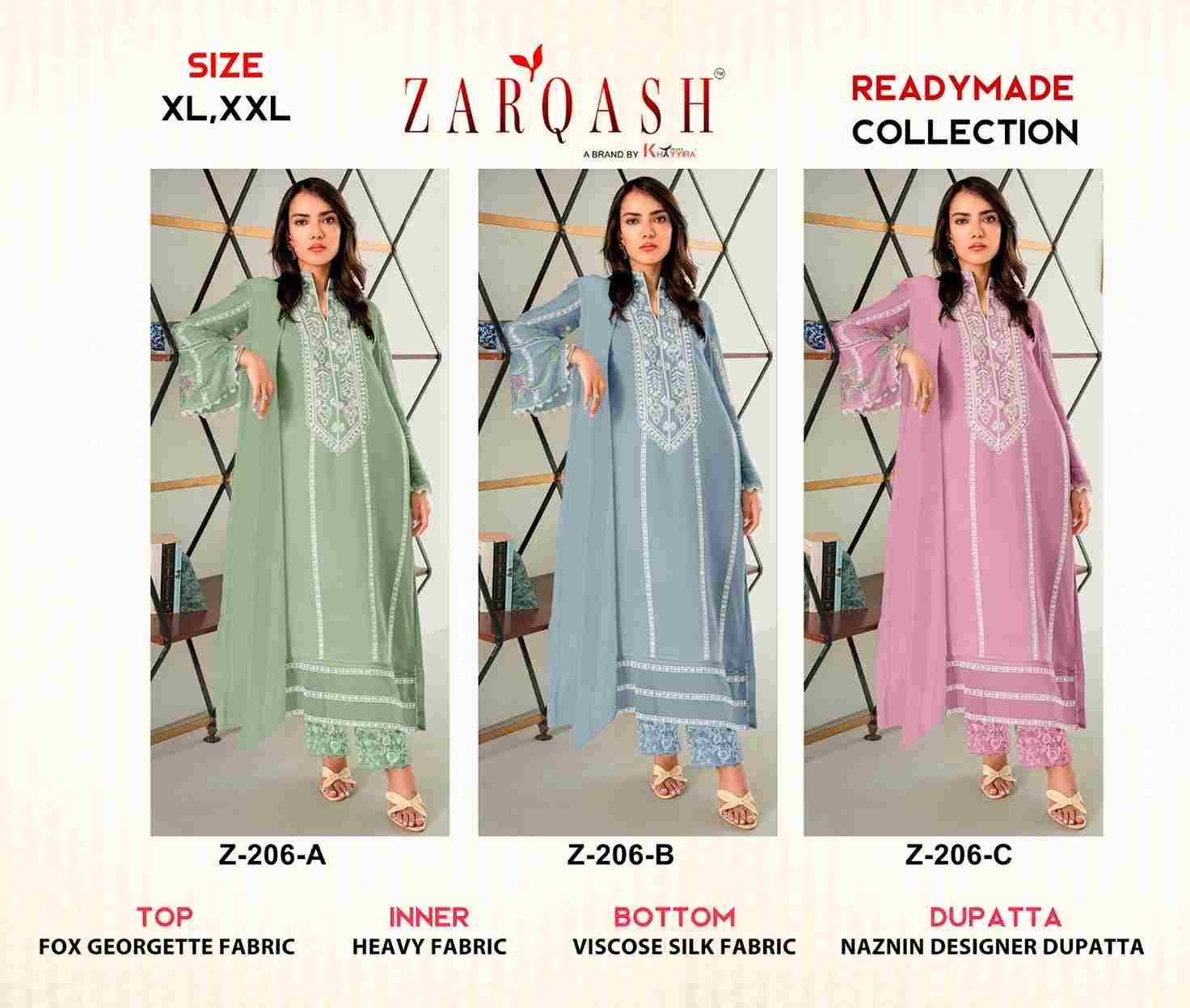 Zarqash Hit Design Z-206 Colours By Zarqash Z-206-A To Z-206-C Series Beautiful Pakistani Suits Colorful Stylish Fancy Casual Wear & Ethnic Wear Faux Georgette Dresses At Wholesale Price