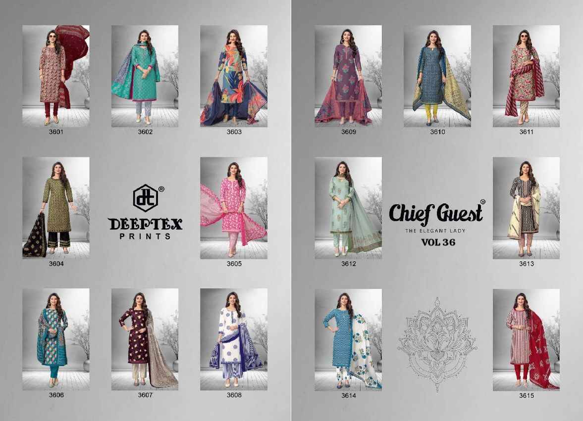 Chief Guest Vol-36 By Deeptex Prints 3601 To 3615 Series Beautiful Suits Colorful Stylish Fancy Casual Wear & Ethnic Wear Cotton Print Dresses At Wholesale Price