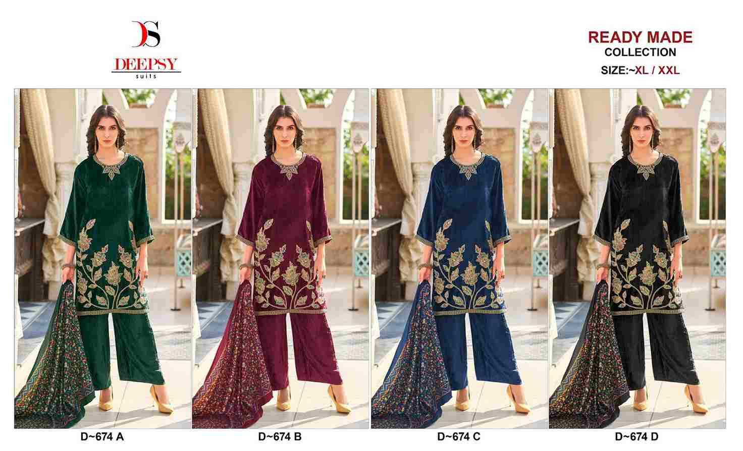 Deepsy Hit Design 674 Colours By Deepsy Suits 674-A To 674-D Series Beautiful Pakistani Suits Colorful Stylish Fancy Casual Wear & Ethnic Wear Pure Velvet Embroidered Dresses At Wholesale Price