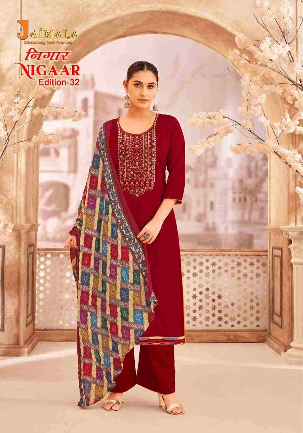 Nigaar Vol-32 By Jaimala 1681-001 To 1681-008 Series Beautiful Festive Suits Colorful Stylish Fancy Casual Wear & Ethnic Wear Pure Rayon Slub With Work Dresses At Wholesale Price