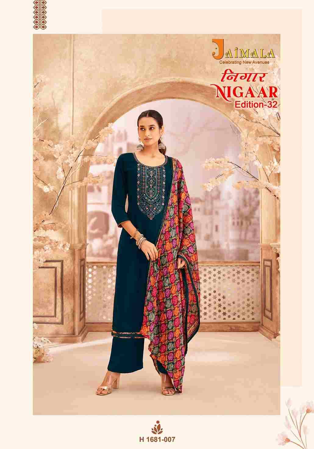 Nigaar Vol-32 By Jaimala 1681-001 To 1681-008 Series Beautiful Festive Suits Colorful Stylish Fancy Casual Wear & Ethnic Wear Pure Rayon Slub With Work Dresses At Wholesale Price