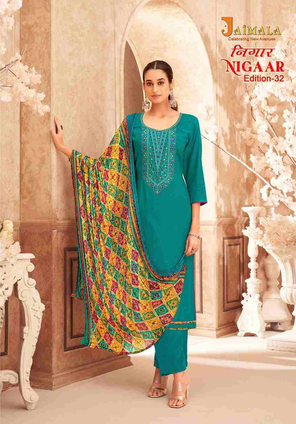 Nigaar Vol-32 By Jaimala 1681-001 To 1681-008 Series Beautiful Festive Suits Colorful Stylish Fancy Casual Wear & Ethnic Wear Pure Rayon Slub With Work Dresses At Wholesale Price