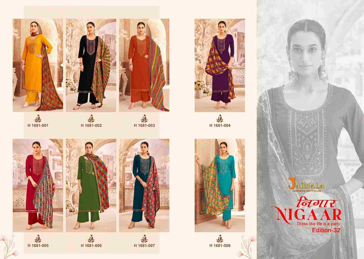 Nigaar Vol-32 By Jaimala 1681-001 To 1681-008 Series Beautiful Festive Suits Colorful Stylish Fancy Casual Wear & Ethnic Wear Pure Rayon Slub With Work Dresses At Wholesale Price