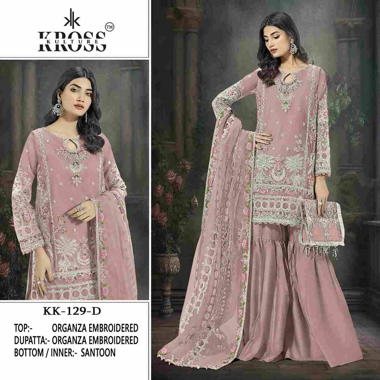 Kross Kulture Hit Design 129 Colours By Kross Kulture 129-A To 129-D Series Beautiful Pakistani Suits Colorful Stylish Fancy Casual Wear & Ethnic Wear Organza Embroidered Dresses At Wholesale Price