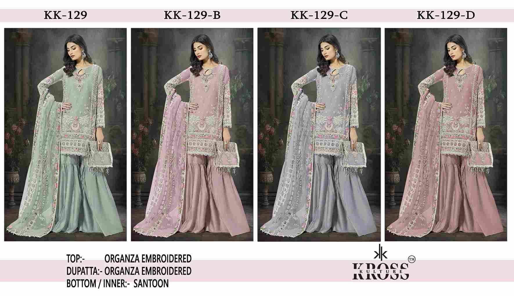 Kross Kulture Hit Design 129 Colours By Kross Kulture 129-A To 129-D Series Beautiful Pakistani Suits Colorful Stylish Fancy Casual Wear & Ethnic Wear Organza Embroidered Dresses At Wholesale Price