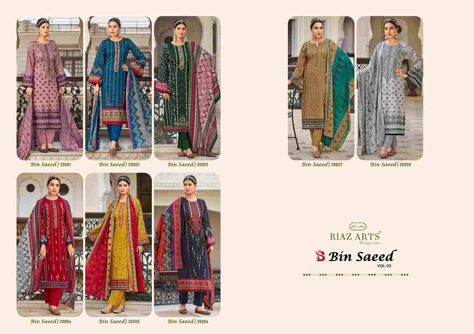 Bin Saeed Vol-3 By Riaz Arts 20001 To 20008 Series Beautiful Festive Suits Stylish Fancy Colorful Casual Wear & Ethnic Wear Pure Cotton Print Dresses At Wholesale Price