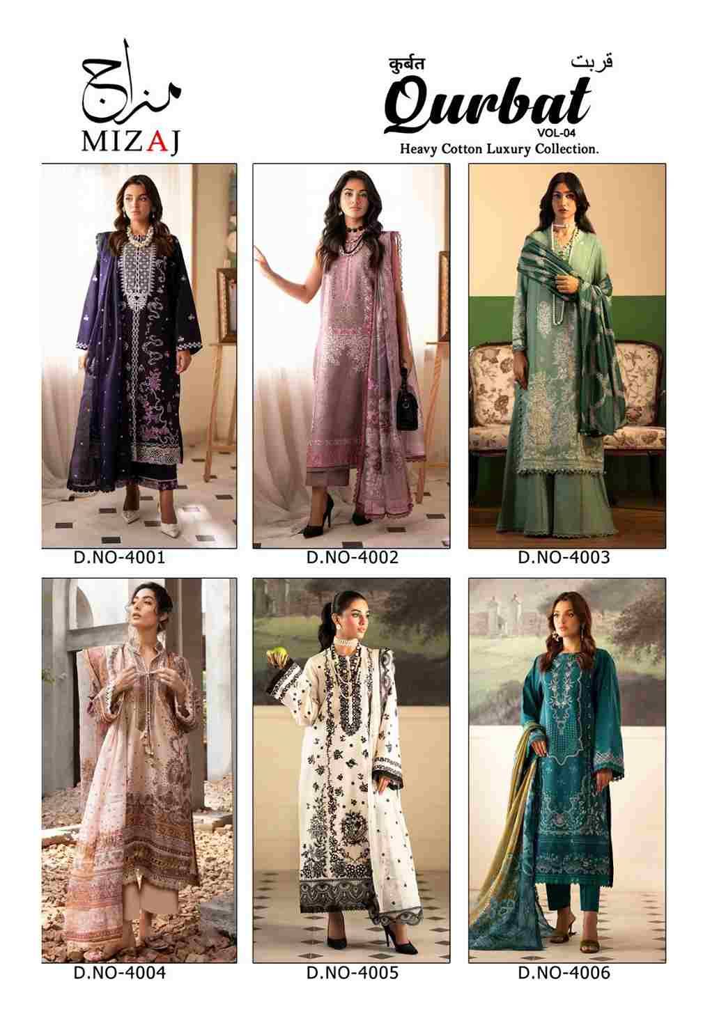 Qurbat Vol-4 By Mizaj 4001 To 4006 Series Beautiful Suits Colorful Stylish Fancy Casual Wear & Ethnic Wear Premium Cotton Print Dresses At Wholesale Price