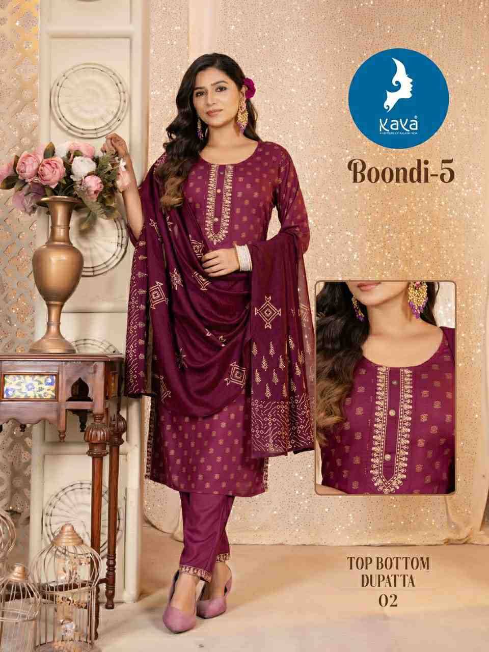 Boondi Vol-5 By Kaya 01 To 08 Series Festive Suits Collection Beautiful Stylish Fancy Colorful Party Wear & Occasional Wear Rayon Print Dresses At Wholesale Price