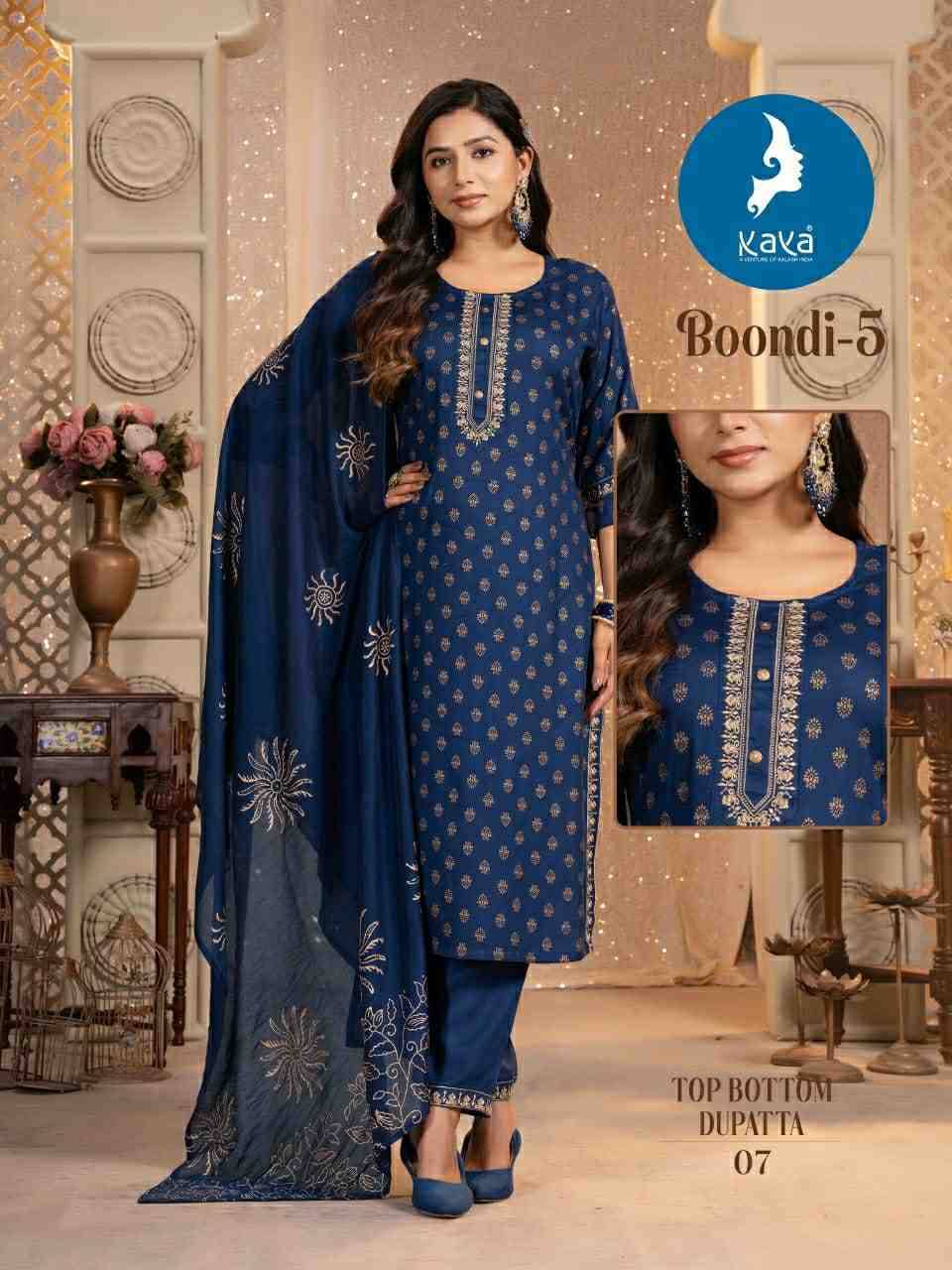 Boondi Vol-5 By Kaya 01 To 08 Series Festive Suits Collection Beautiful Stylish Fancy Colorful Party Wear & Occasional Wear Rayon Print Dresses At Wholesale Price