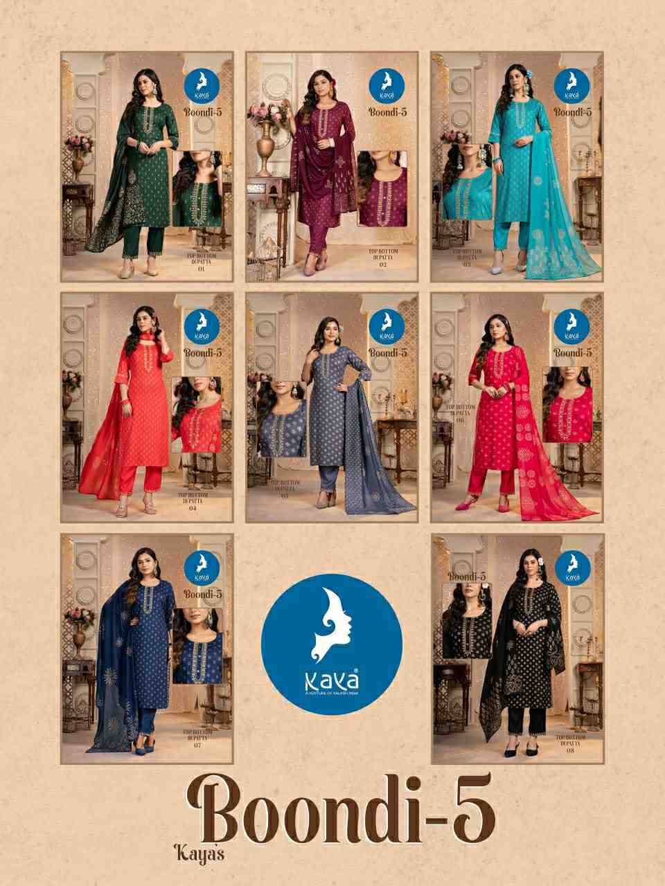 Boondi Vol-5 By Kaya 01 To 08 Series Festive Suits Collection Beautiful Stylish Fancy Colorful Party Wear & Occasional Wear Rayon Print Dresses At Wholesale Price