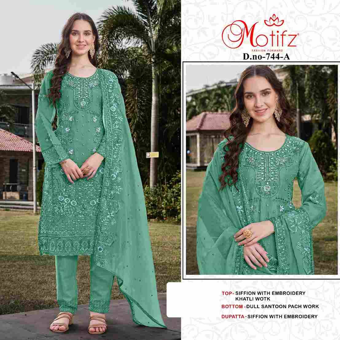 Motifz Hit Design 744 Colours By Motifz 744-A To 744-D Series Beautiful Pakistani Suits Colorful Stylish Fancy Casual Wear & Ethnic Wear Chiffon Dresses At Wholesale Price