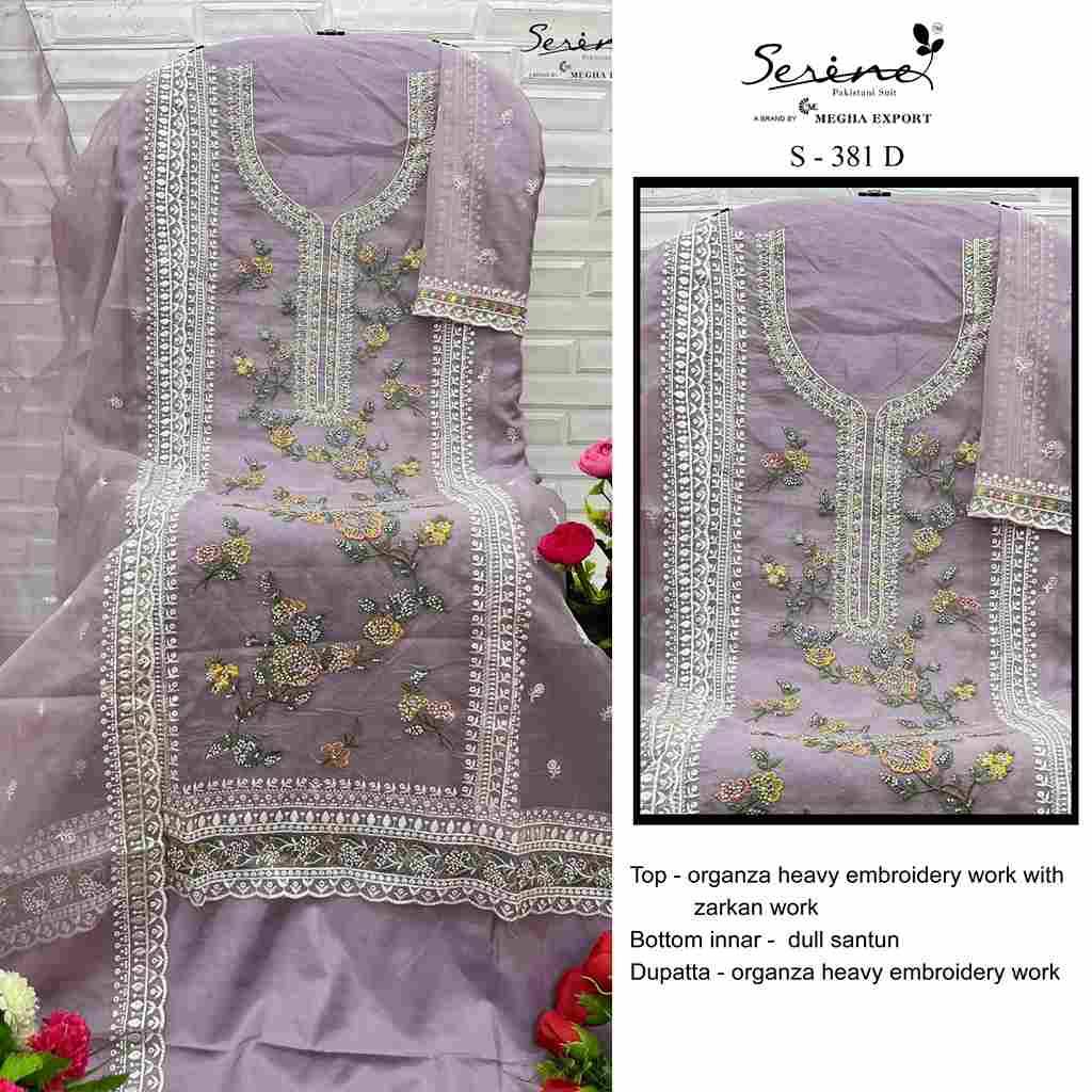 Serene Hit Design S-381 Colours By Serene S-381-A To S-381-D Series Designer Pakistani Suits Beautiful Fancy Colorful Stylish Party Wear & Occasional Wear Organza Embroidered Dresses At Wholesale Price