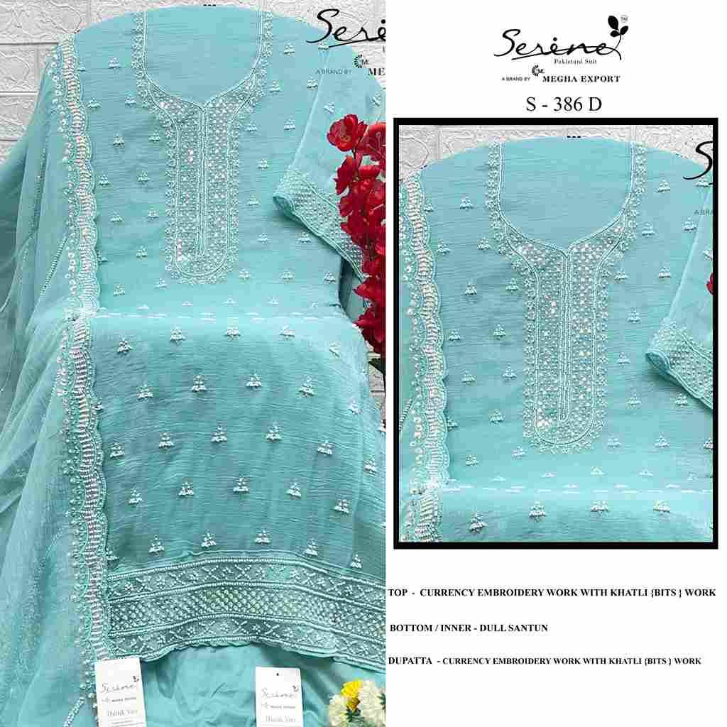 Serene Hit Design S-386 Colours By Serene S-386-A To S-386-D Series Designer Pakistani Suits Beautiful Fancy Colorful Stylish Party Wear & Occasional Wear Currency Embroidered Dresses At Wholesale Price